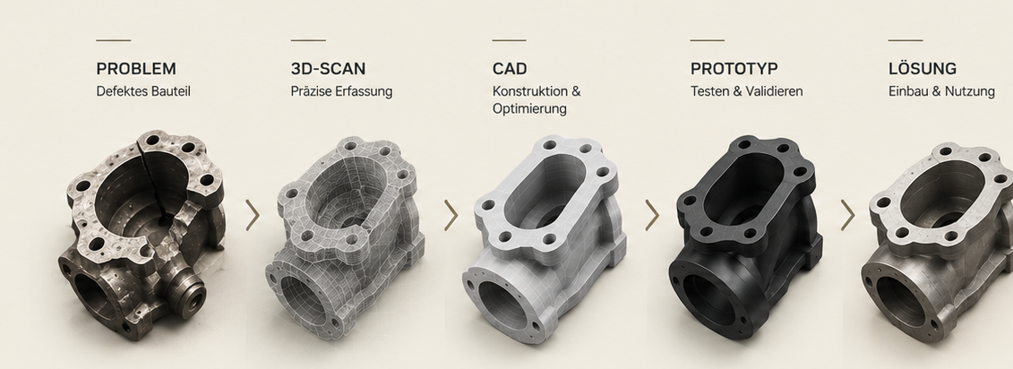 Prozesskette vom defekten Bauteil über 3D-Scan, CAD und Prototyp bis zur fertigen Lösung